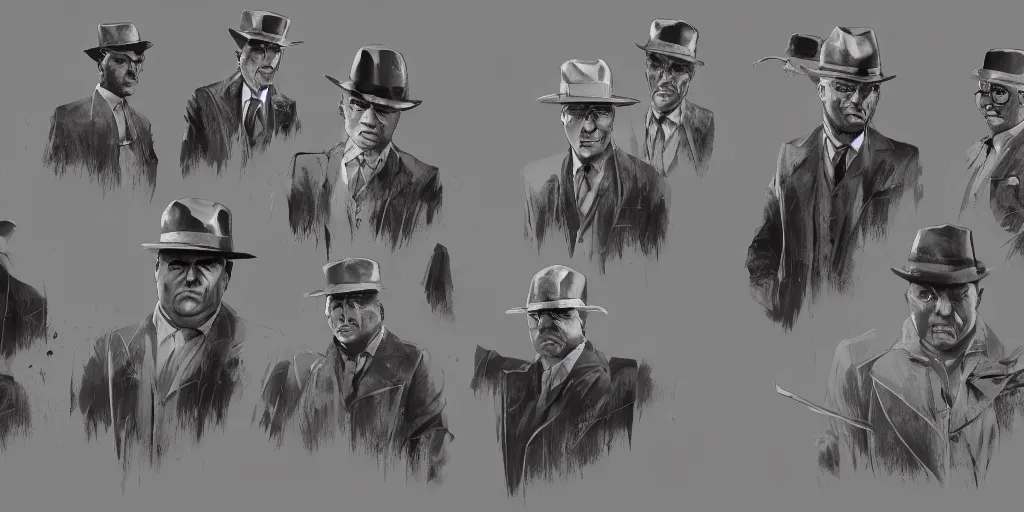 Prompt: al capone, character sheet, concept design, contrast, kim jung gi, greg rutkowski, zabrocki, karlkka, jayison devadas, trending on artstation, 8 k, ultra wide angle, pincushion lens effect