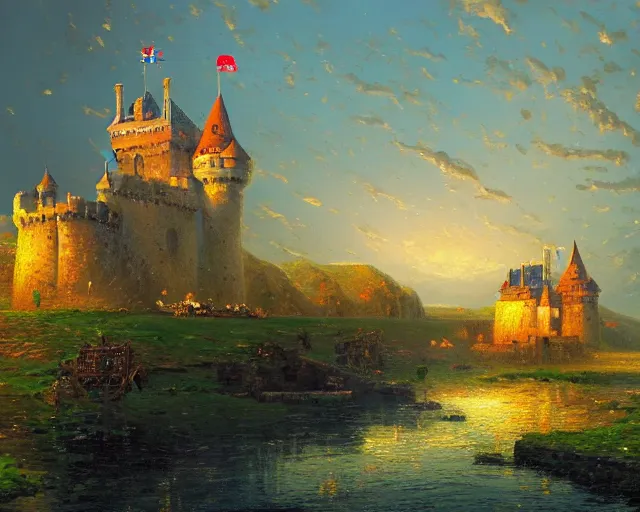 Prompt: a painting of a Castle with towers and walls flags with a moat, middle of the frame, walls, windows Cone roofs, windows architectural, Fantasy Art, French, Medieval, Germanic, Alex Andreev, Thomas Kinkade