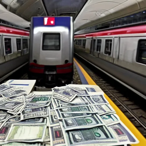 Image similar to Deutsche Bahn train, piles of money