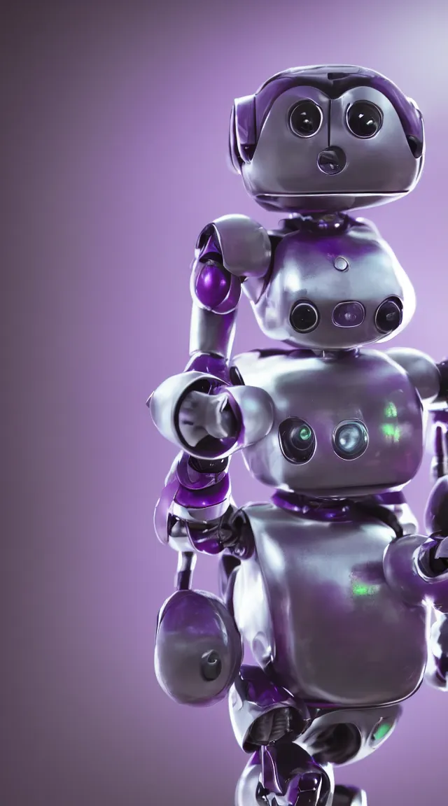 Prompt: portrait of a tiny robot on a desk, professional photo, hdr, bokeh, sci fi, purple