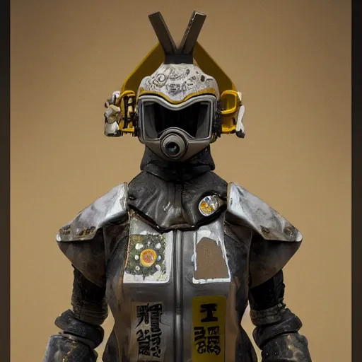 Image similar to japanese solarpunk curator in an art gallery with extremely detailed respirators and head gear, inspired by die antwoord beautiful, hand painted textures, cloth physics, deviantart, karol bak, masamune shirow, black and white, photorealistic, concept art, perfect render, 3 d render, pixar, 8 k