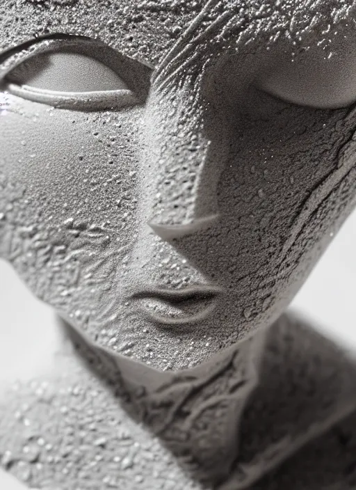 Image similar to a young female cyborg bust made of ice and concrete, dramatic, ilford hp 5, closeup - view, f / 2. 8, high contrast, 1 6 k, fluorescent lamp, contre - jour, insanely detailed and intricate, hypermaximalist, elegant, ornate, hyper realistic, super detailed