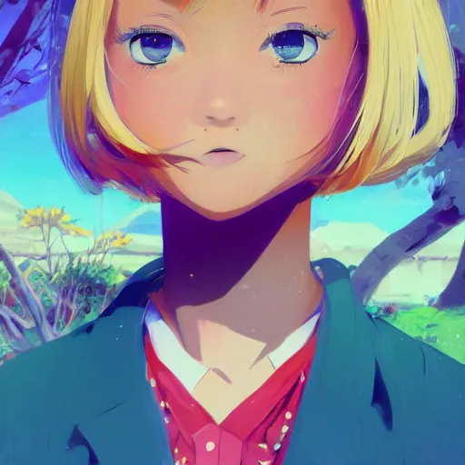 Image similar to portrait of a beautiful girl with blonde hair dressed in 1960's hippie fashion, park background, rich vivid colors, ambient lighting, dynamic lighting, 4k, HQ, official media, anime key visual, makoto shinkai, ilya kuvshinov, lois van baarle, rossdraws, detailed, trending on artstation