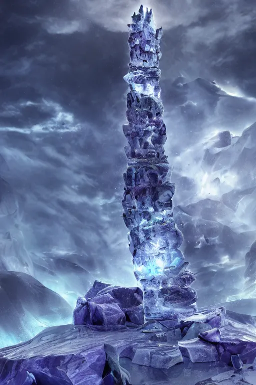 Prompt: elaborate surreal tower of stone and ice extending down from the skies, concept art, blue and purple coloring, 4k