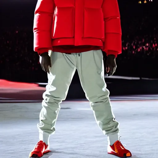 Prompt: kanye west wearing a red puffer jacket and red pants, standing in a stadium, white light shining on him