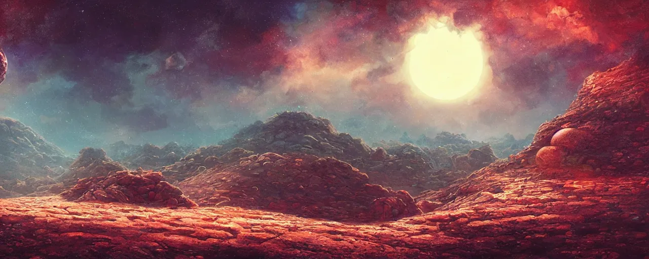 Image similar to ” lunar landscape, [ cinematic, detailed, epic, widescreen, opening, establishing, mattepainting, photorealistic, realistic textures, octane render, art by paul lehr ] ”