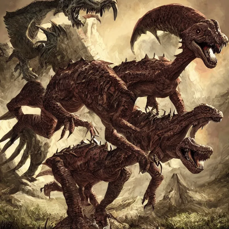 Image similar to a human d & d barbarian being attacked by a fantasy velociraptor, rpg book illustration