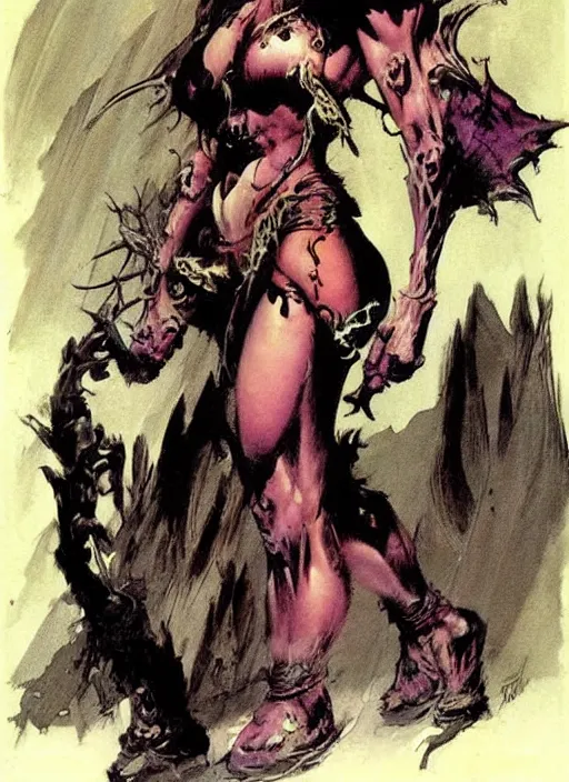 Image similar to female vetala, strong line, deep color, beautiful! coherent! by frank frazetta, high contrast