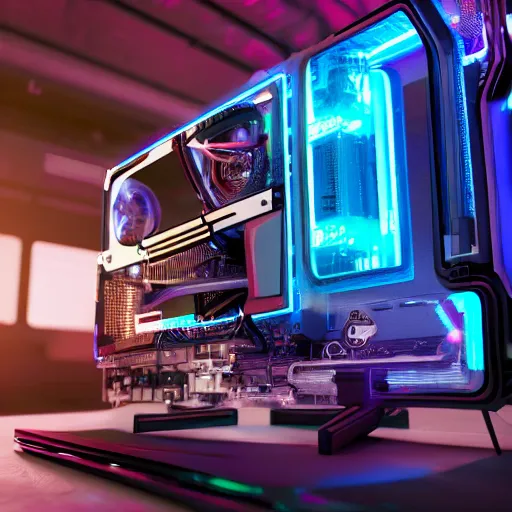 Image similar to cyberpunk gaming pc with rtx gpu, ultra detail, octane render