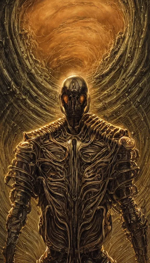 Prompt: Elden Ring, alien interstellar cyber exoskeleton armor sentinel icon portrait themed tarot card, the dark post-apocalyptic hellscape torment intricate golden artwork by Artgerm, Johnatan Wayshak, Zdizslaw Beksinski, Darius Zawadzki, H.R. Giger, Takato Yamamoto, masterpiece, very coherent artwork, cinematic, high detail, octane render, unreal engine, 8k, High contrast, golden ratio, trending on cgsociety, ultra high quality model, production quality cinema model in the style of Midjourney, highly detailed and intricate artwork, masterpiece, majestic, ephemeral, cinematic lighting, vivid and vibrant colors, iconic movie poster character production art concept, haunting, horror, gothic fog ambience, golden fire palette, Artstation trending, unreal engine, octane render