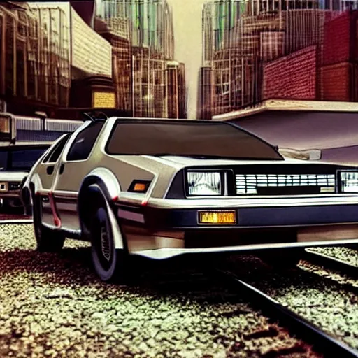 Image similar to a flying DeLorean chasing a train, 1980s photorealistic style