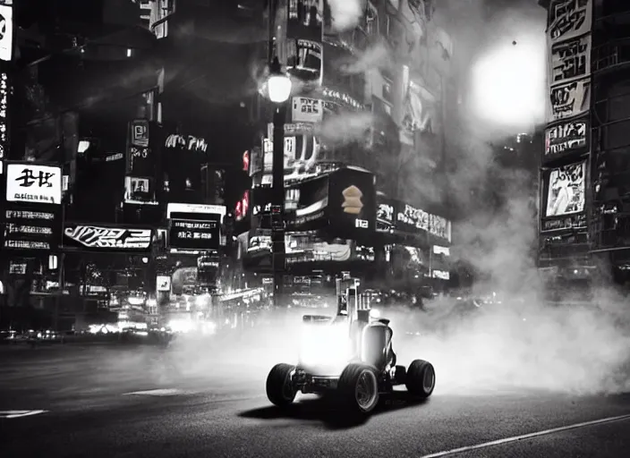 Prompt: a racing tractor drifting around the corner, smoke emanating from it's spinning wheels and exhaust. In a game of Need For Speed:Underground. moody cinematic lighting, high shutter speed, night, manga, Shibuya Crossing