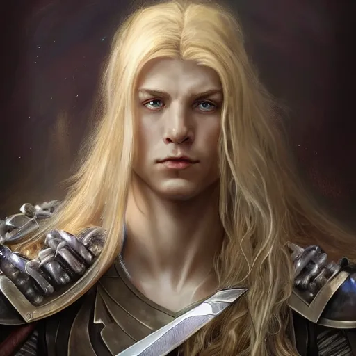 Image similar to portrait, long - haired fantasy paladin in shining armor, blond, rpg game, stern expression, long hair, highly detailed, digital painting, artstation, concept art, smooth, sharp focus, illustration, artgerm, tomasz alen kopera, peter mohrbacher, donato giancola, joseph christian leyendecker, wlop, frank frazetta