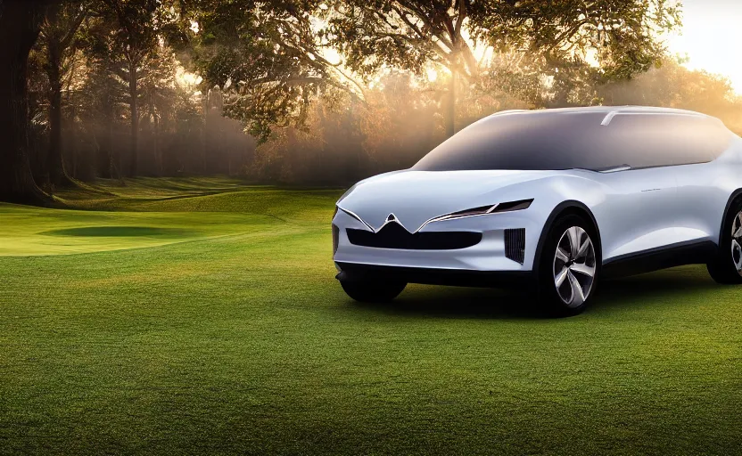 Prompt: the electric suv titeleist will release soon, outdoor product photography on a golf course, fog, very besautiful ambient light, sun rays