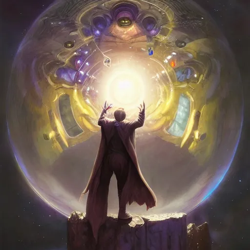 Image similar to the creator of worlds wearing a cloak and holding a holographic planet projection in his hand, detailed, sci - fi, digital painting, artstation, sharp focus, illustration, ominous, artgerm, tomasz alen kopera, peter mohrbacher, donato giancola, joseph christian leyendecker, wlop, frank frazetta