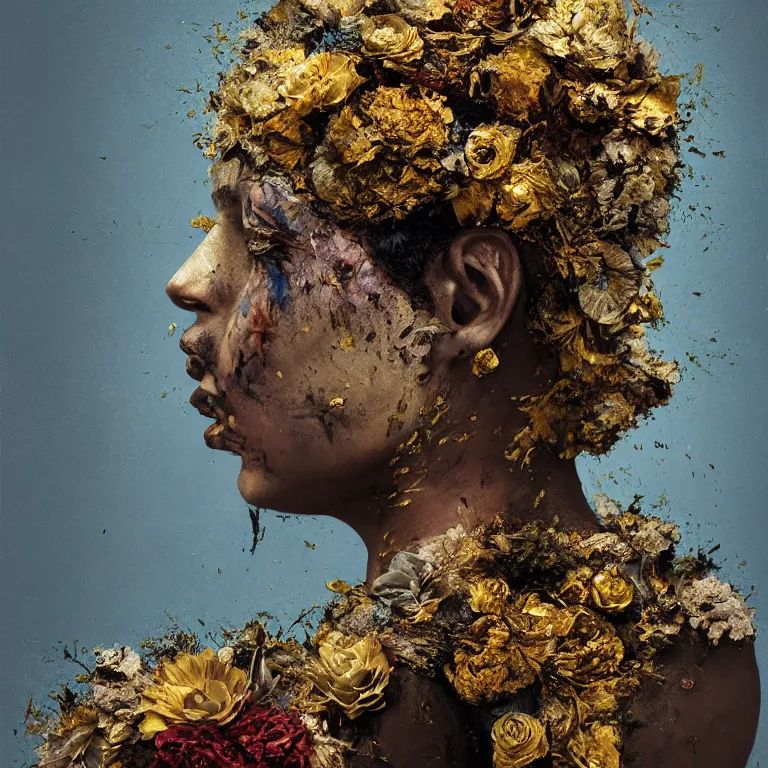 Image similar to A beautiful oil painting hyperrealism of a decayed black head, rotting black clay skin, gold flaked flowers, floral headdress, 8k resolution, octane render, Trending on artstation, by Gediminas Pranckevicius, volumetric light 2blue fractal Thunder glow by dan mumford, anaglyph effect, Laurie Lipton