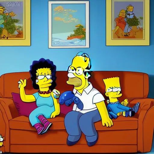 Image similar to Simpsons family sitting on the couch watching TV , Stanley artgerm lau, dynamic lighting, stunning visuals, creative, trending on art station -150