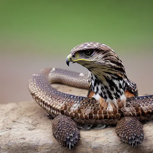 Image similar to hawk morphed with a rattlesnake, very detailed and intricate, snake and bird proportions, realistic, picture taken in zoo