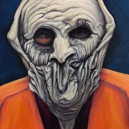 Prompt: a painting of an old man wearing a scary fleshy mask