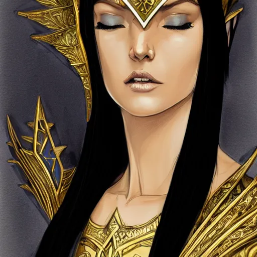 Prompt: side portrait of elven royalty, princess, queen, fantasy, head tilted down, black hair, gold armour, gold jewelry, white skin, detailed face, trending on artstation, gsociety, D&D, elegant, highly detailed, sophisticated, hyperrealistic, realistic eyes, detailed illustration, smooth, sharp focus, upper body, intricate, rule of thirds, holy glow, backlit, hd 4k by Greg Rutkowski, Alphonse Mucha, Ayami Kojima, Charlie Bowater, Karol Bak