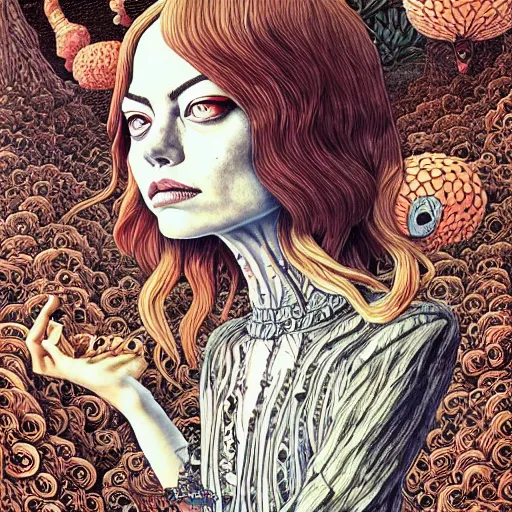 Image similar to portrait of emma stone painted in jacek yerka style drawn by vania zouravliov and takato yamamoto, inspired by fantasy stories, intricate acrylic gouache painting, high detail, sharp high detail, artstation