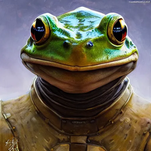 Image similar to frog as a realistic fantasy knight, closeup portrait art by donato giancola and greg rutkowski, realistic face, digital art, trending on artstation, symmetry!!, no helmet