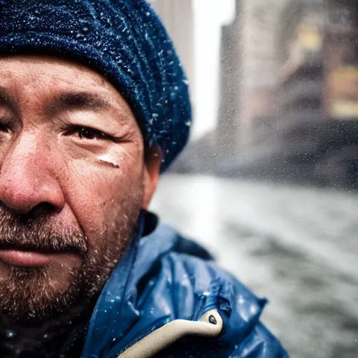 Prompt: closeup portrait of a man fishing in a rainy new york street, photography, natural light, world press photo