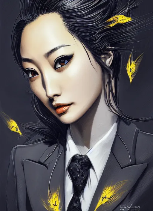 Prompt: a highly detailed illustration of meisa kuroki wearing black suit and tie with coattails, yellow eyes, dramatic pose, intricate, elegant, highly detailed, centered, digital painting, artstation, concept art, smooth, sharp focus, league of legends concept art, wlop.