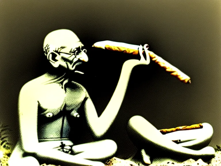 Image similar to side view of gandhi holding a cigar, sitting on a beach, next to a campfire, with palm trees and different types of beach animals parrot turtle lizard crab coconuts in the back