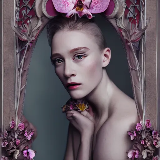 Image similar to long shot kodak portra 4 0 0, 8 k, volumetric lighting, highly detailed, britt marling style 3 / 4 fine art portrait photography in style of paolo roversi, orchid, orchid flower human hybrid, 3 d render 1 5 0 mm lens, art nouveau fashion royal details, elegant hyperrealistic ultra detailed, 8 k