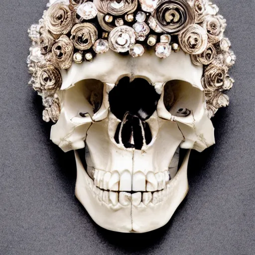 Prompt: a symmetrical head skull bone made of crystal decorated with metallic flowers photgraphic