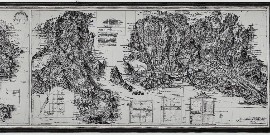 Image similar to technical drawing of dolomites and tyrolean folklore masks, multiple layers, detailed map, notes, roadmap, stylized, blueprint, black and white, old, erosion
