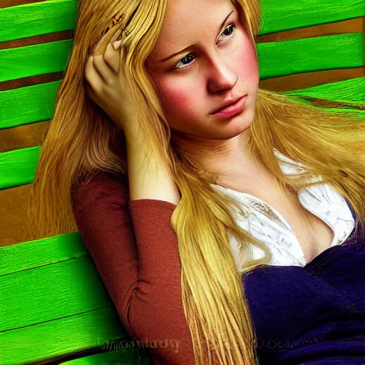 Image similar to portrait digital painting of a young woman with long blond hair sitting on a green bench with her head in her hands, digital art, deviant art