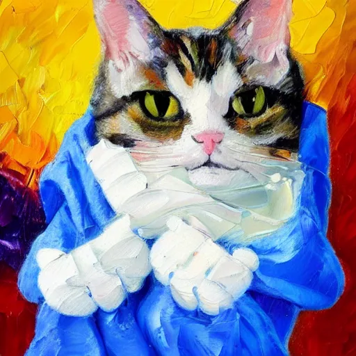 Image similar to palette knife oil painting of a cat wearing a disney gloves