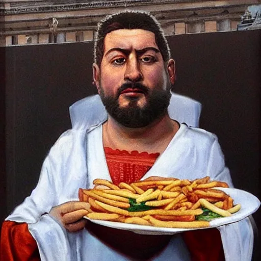 Prompt: roman emperor eating fast food at the olympic games, photo realism