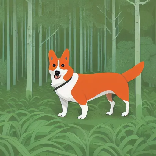 Prompt: corgi in a misty forest, beautiful illustration by kilian eng