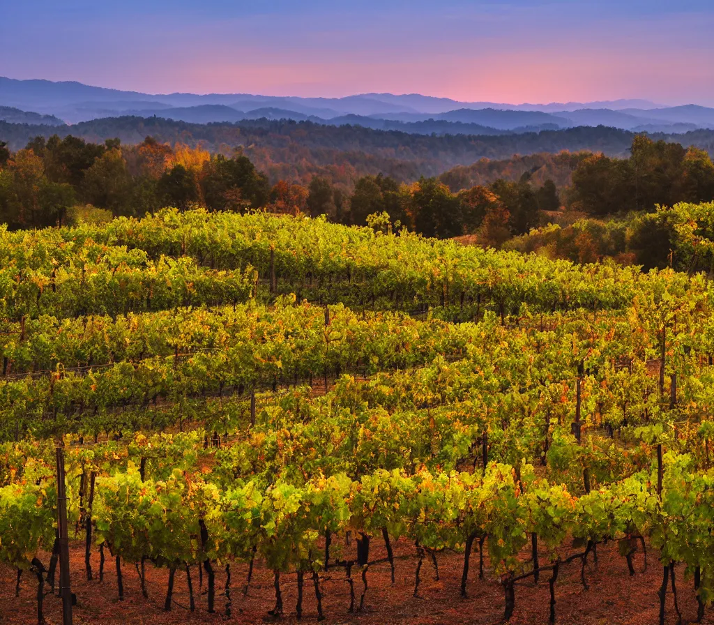 Prompt: georgia the wine country at the peak of the wine season, volumeric lighting, golden hour