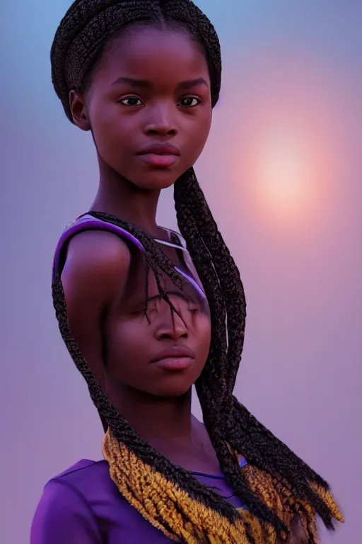 Prompt: photorealistic portrait of a cute african girl with beautiful braid, 8 5 mm photography, soft volumetric lighting, afrofuturism background, 4 k, 8 k, artstation