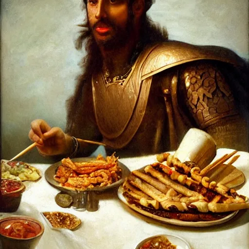 Image similar to roman emperor leonid eating kebab on the horse, a close view, hyperrealistic, 8 k