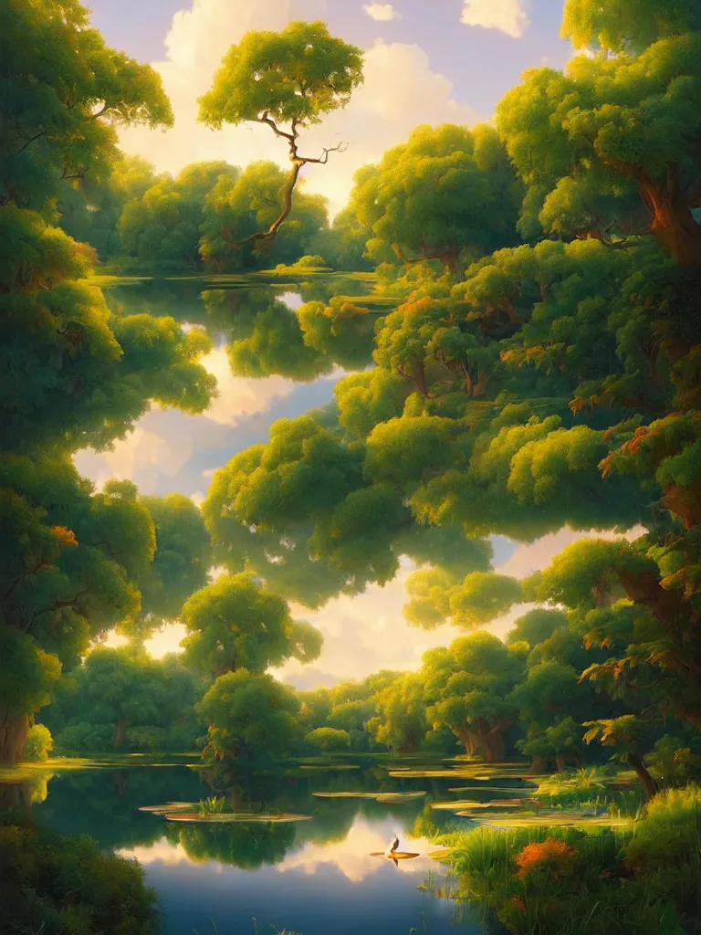 Prompt: a pond with fantasy trees serene puffy cloudy sky of candy clouds, Digital Matte Illustration by RHADS and asher brown durand