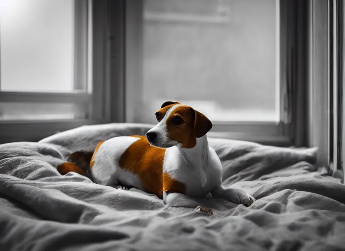 Prompt: photography of a jack russel. watching outside the window. on a bed. in a vintage room full of vinyls and posters., volumetric light, photorealistic,, award winning photo, 1 0 0 mm, sharp, high res