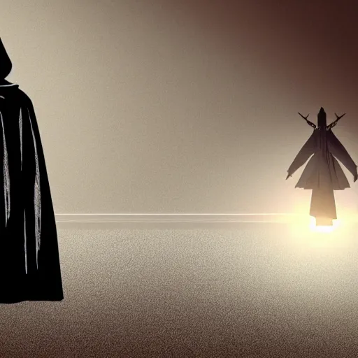 Prompt: a figure shadowed in a cloak with a giant handgun sticking out