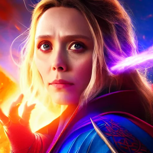 Image similar to Elizabeth Olsen as Doctor Strange, Elizabeth Olsen in Doctor Strange attire, in Avengers: Infinity War, Trending on artstation, photorealistic imagery, beautiful studio lighting, neon colorful lighting, 4k, 8k