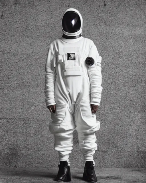 Image similar to Yeezy designed space suit, model, studio photography, clothing drop, unreleased, Yzy, YZY GAP, Balenciaga, minimalist, dystopian feel