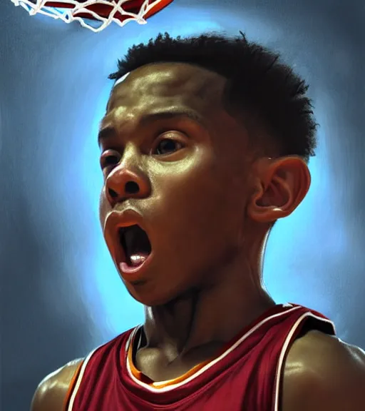 Prompt: portrait of a boy at a basketball court playing basketball wearing a basketball jersey in a basketball court standing near the basketball hoop, intense emotion, detailed facial expression, detailed surroundings, intricate, elegant, highly detailed, centered, digital painting, artstation, concept art, smooth, sharp focus, illustration, by Leonardo da Vinci, WLOP