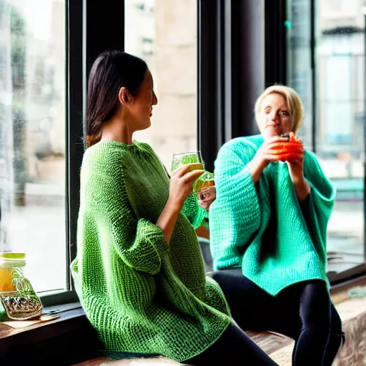 Image similar to knitted blankets women drinking green juice in front of window with a courtyard in the background