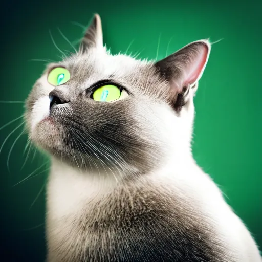 Image similar to national geographic photograph of a green-eyed black cat sitting in a white room