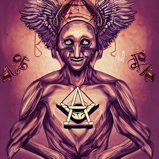 Image similar to portre of a demon, masonic and kabalistic symbols in background, digital art, ultra detailed