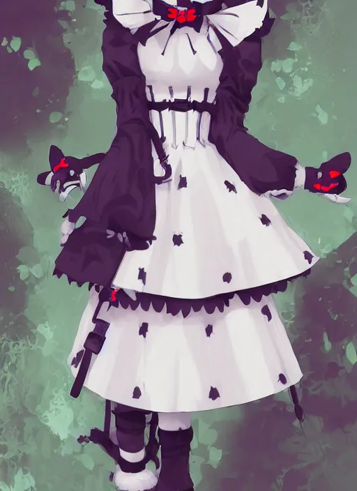 Image similar to digital painting of a cat wearing a gothic lolita dress with a cross pattern and platform boots, fursona, furry art, detailed white fur, detailed dress, makoto shinkai and akihiko yoshida and hidari and wlop