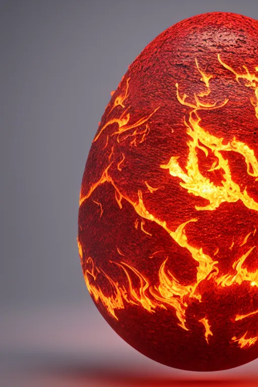 Prompt: a scaly phoenix egg made from opalescent coal and molten lava, on a carved red hot flaming stone floor photorealistic, dlsr, octane render, 8 k, cinematic lighting